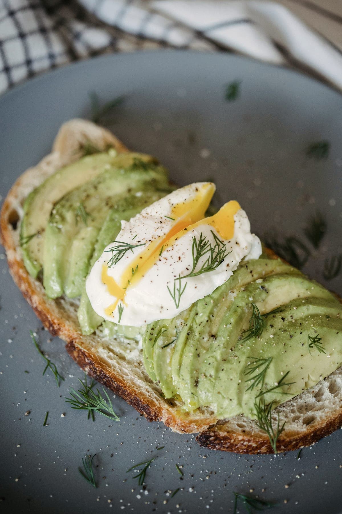 Avocado on toasted sourdough, topped with a poached egg and dill.